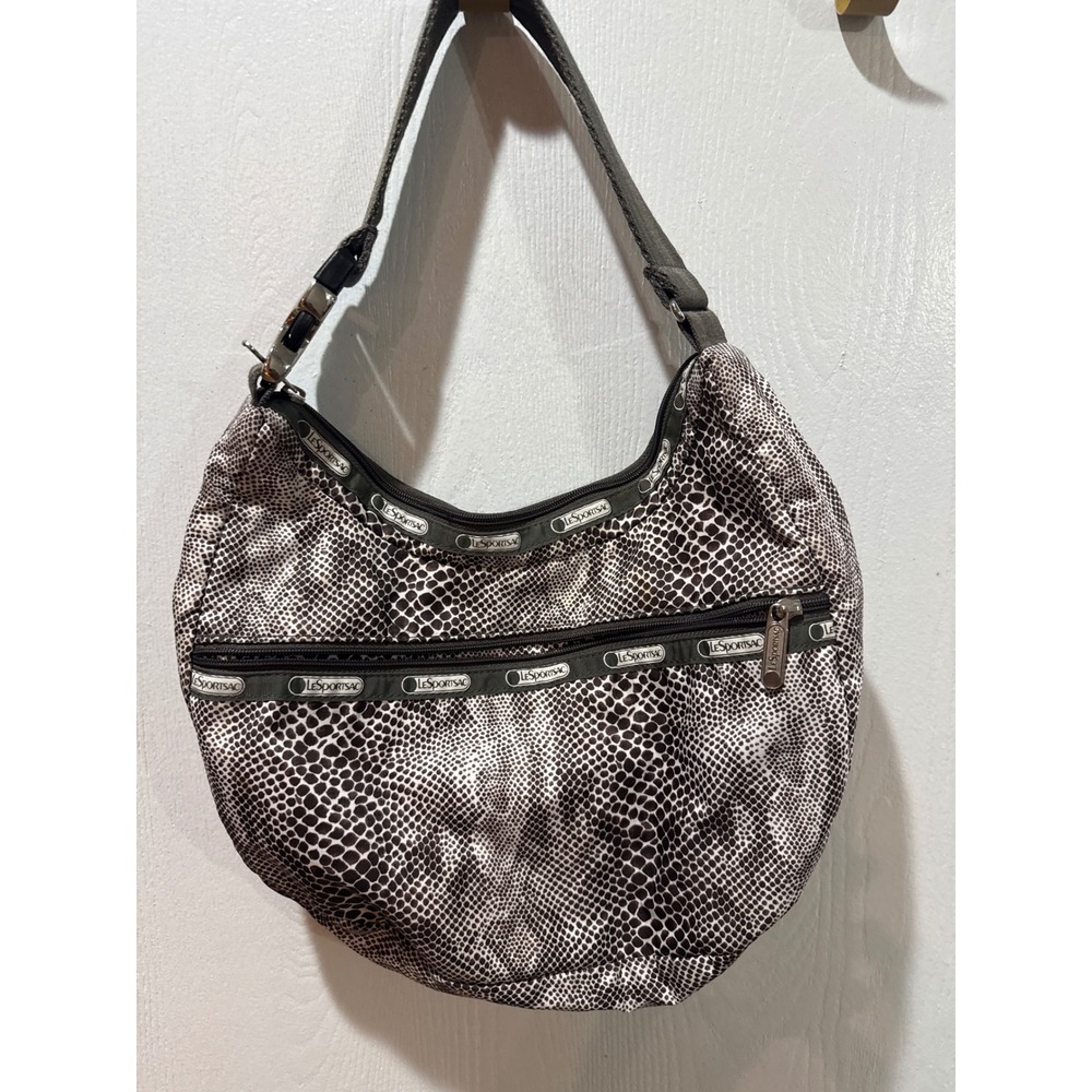 LeSportsac Snakeskin Print Nylon Hobo Shoulder Bag Grey Black Buckle Strap